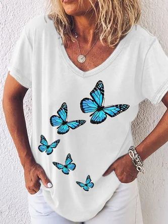 Womens Fancy Butterfly Print V Neck Casual T-Shirt