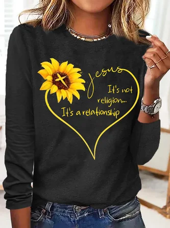 Women's Jesus Letter Sunflower Print Casual Crew Neck Top