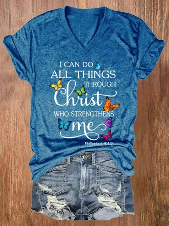 Women's I Can Do All Things Through Christ Who Strengthens Me Print V Neck T-shirt