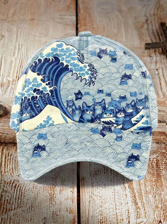 Blue Waves&Cats Print Hat