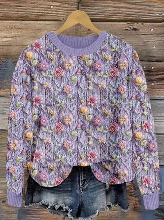 Small flower knitted round neck sweater