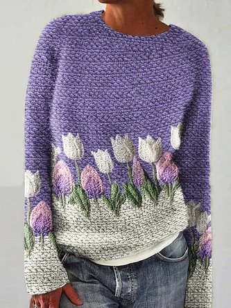 Floral Art Print Knitted Crew Neck Pullover Cozy Sweater