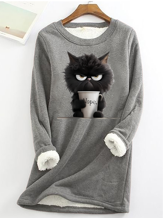 Women's Funny Cat Nope Casual Fluff Fleece Fabric Sweatshirt