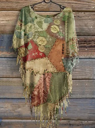 Women's Vintage Patchwork Print Punk Hippie Batwing Tussle Fringes Poncho T-Shirt