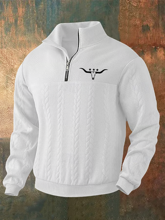 Men's Jacquard Cow Head Print Stand Collar Sweatshirt
