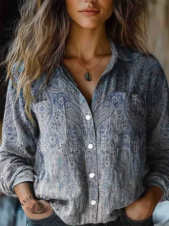 Women's Vintage Folk Floral Art Print Long Sleeve Comfortable Cotton Shirt
