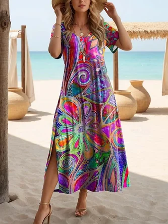 Women's Artistic Floral Print Slit Long Dress