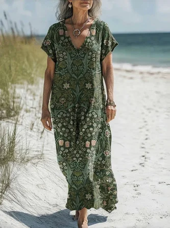 Women's Vintage Floral Print V-Neck Dress