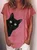 Women's Black cat Print Crew Neck Casual T-Shirt