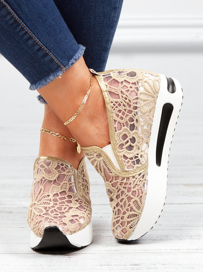 Floral Embroidered Mesh Paneled Slip-On Wedge Sneakers