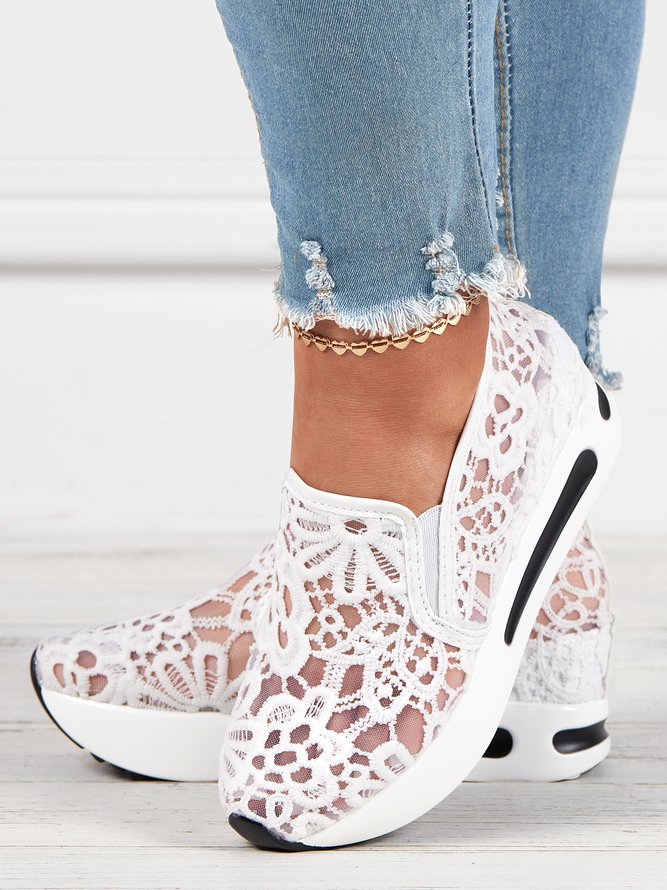 Floral Embroidered Mesh Paneled Slip-On Wedge Sneakers