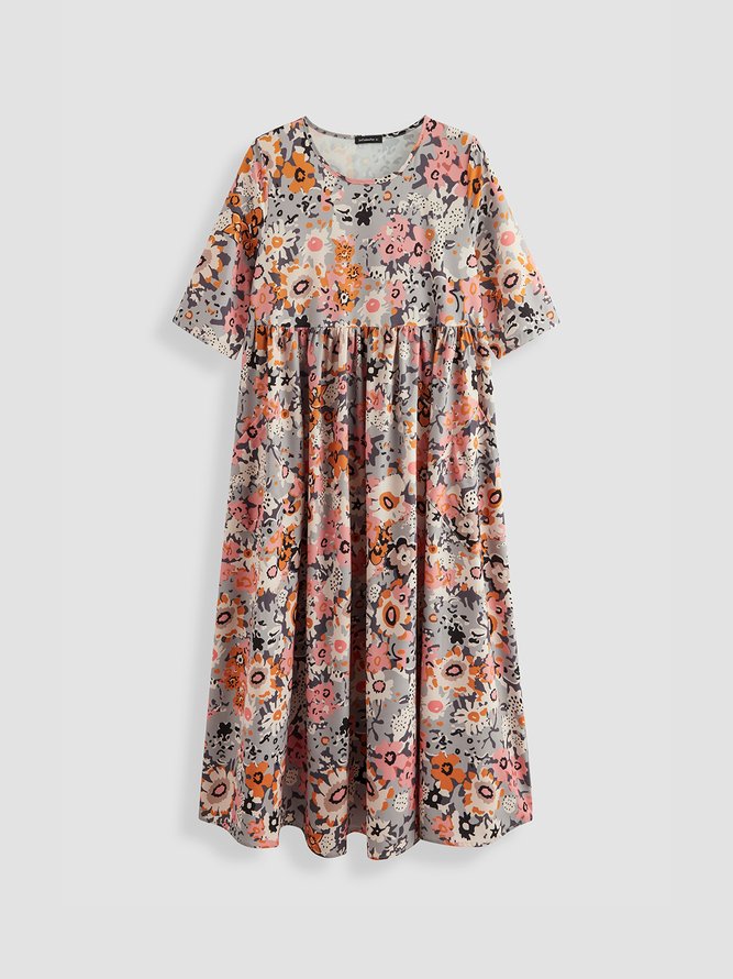 Loosen Casual Floral Short Sleeve Woven Dress