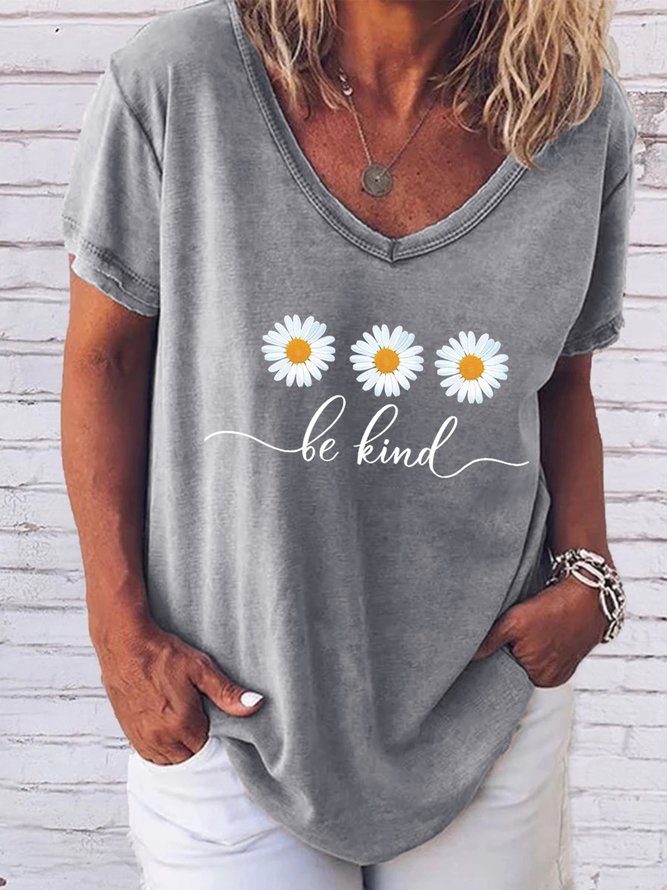 Be Kind Flower Daisy V Neck Boho Floral Short sleeve Top