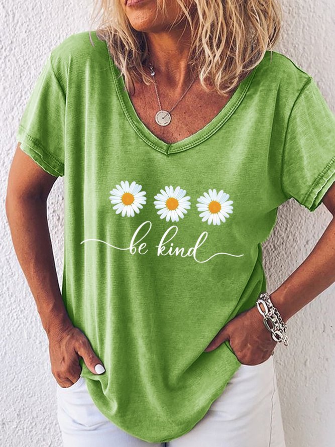 Be Kind Flower Daisy V Neck Boho Floral Short sleeve Top
