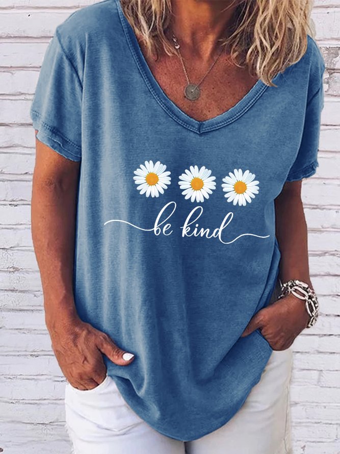 Be Kind Flower Daisy V Neck Boho Floral Short sleeve Top