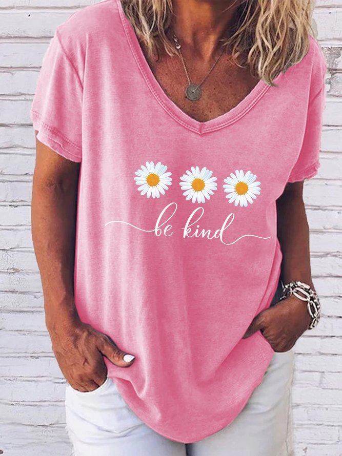 Be Kind Flower Daisy V Neck Boho Floral Short sleeve Top