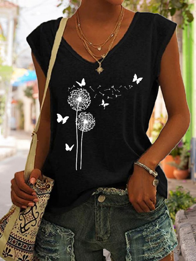 Flower Butterflies Print Women's Knit Tank