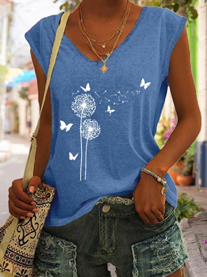 Flower Butterflies Print Women's Knit Tank