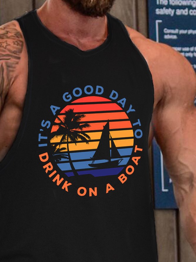 Casual Vintage Coconut Tree Boat Print Tank Top