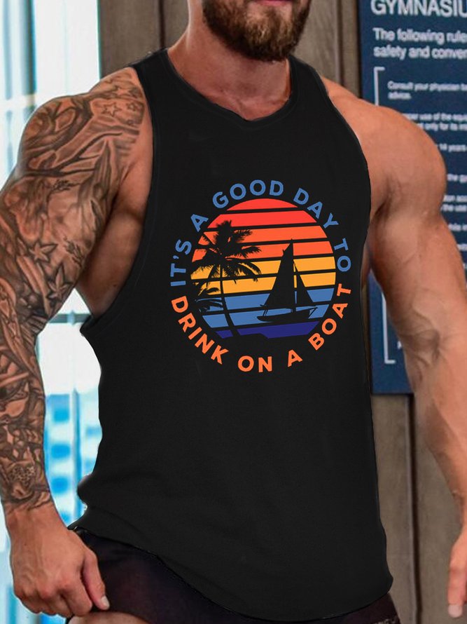 Casual Vintage Coconut Tree Boat Print Tank Top