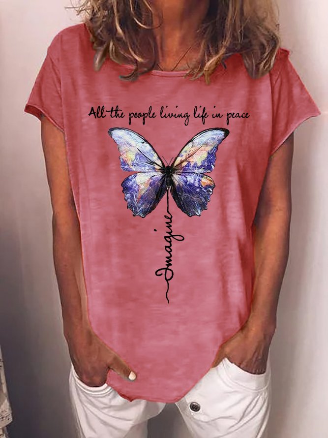 Imagine All The People Living Life In Peace Butterfly Women‘s Short Sleeve T-Shirt