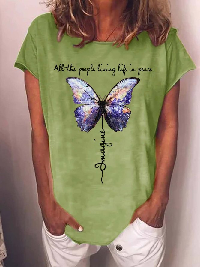 Imagine All The People Living Life In Peace Butterfly Women‘s Short Sleeve T-Shirt