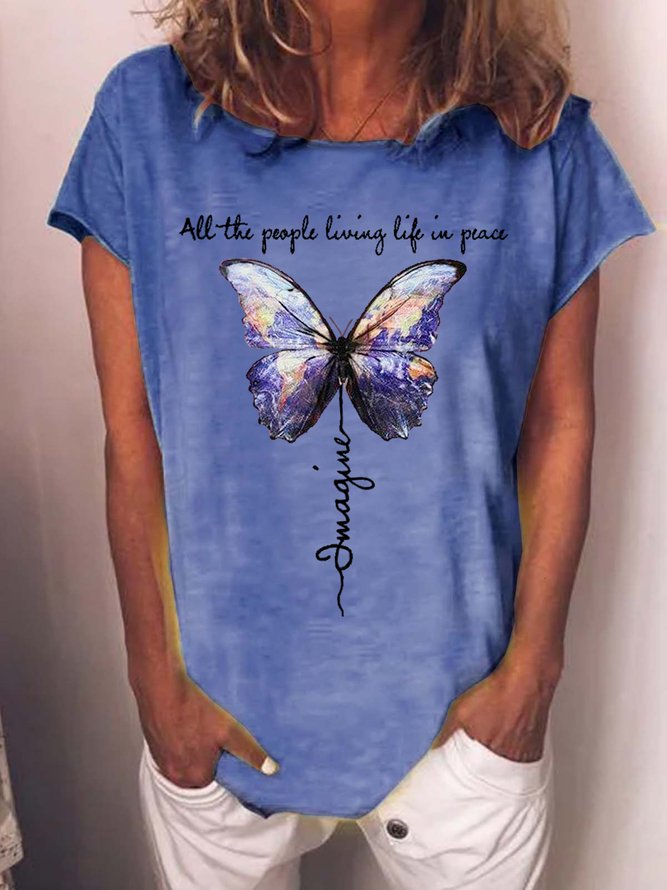 Imagine All The People Living Life In Peace Butterfly Women‘s Short Sleeve T-Shirt