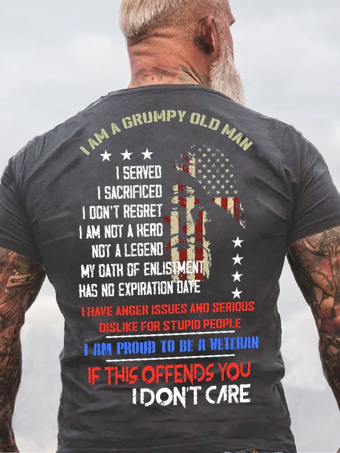 Mens Grumpy Old Man Veteran If This Offends You I Don’t Care Cotton Crew Neck Short Sleeve T-Shirt