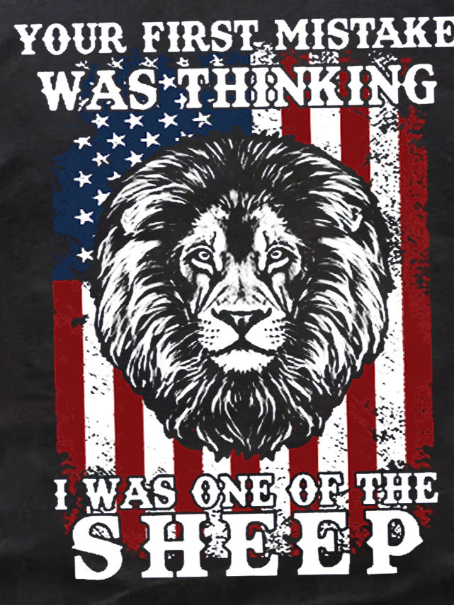 Lion Us Flag Your First Mistake Was Thinking I Was One Of The Sheep  Short Sleeve Cotton Crew Neck Short Sleeve T-Shirt