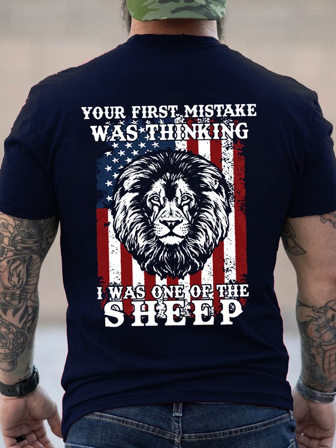 Lion Us Flag Your First Mistake Was Thinking I Was One Of The Sheep  Short Sleeve Cotton Crew Neck Short Sleeve T-Shirt