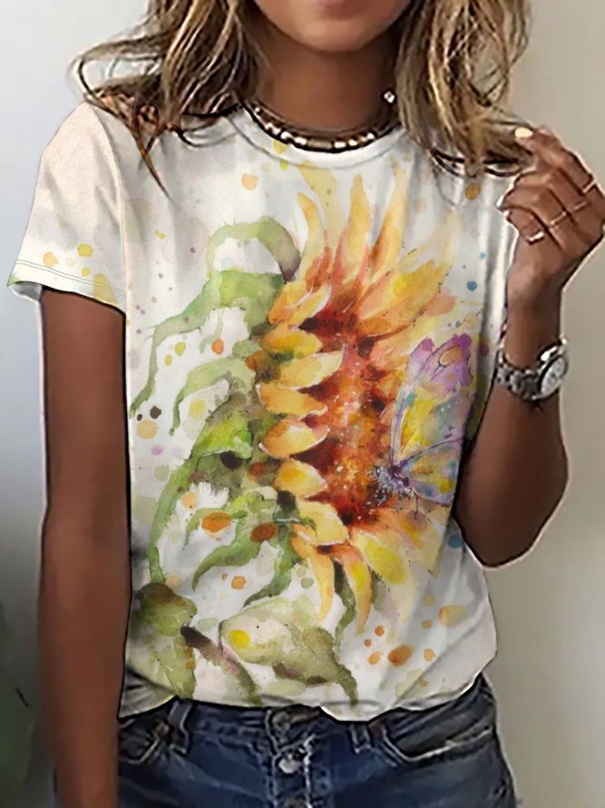 Casual Sunflower Butterfly Print Crew Neck T-Shirt