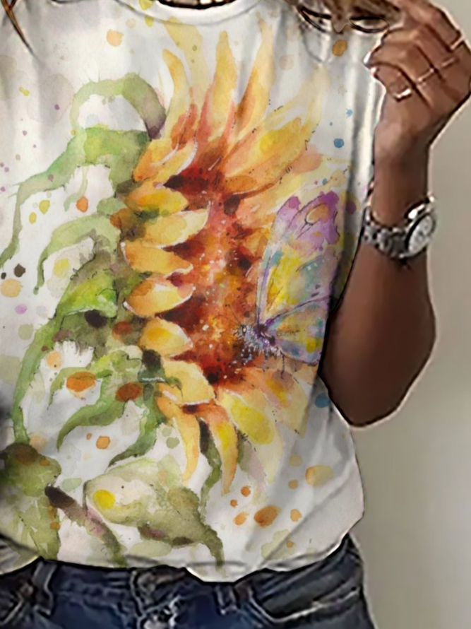 Casual Sunflower Butterfly Print Crew Neck T-Shirt