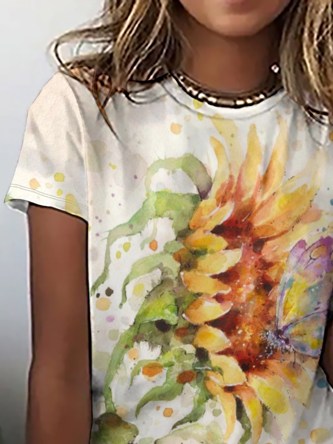 Casual Sunflower Butterfly Print Crew Neck T-Shirt