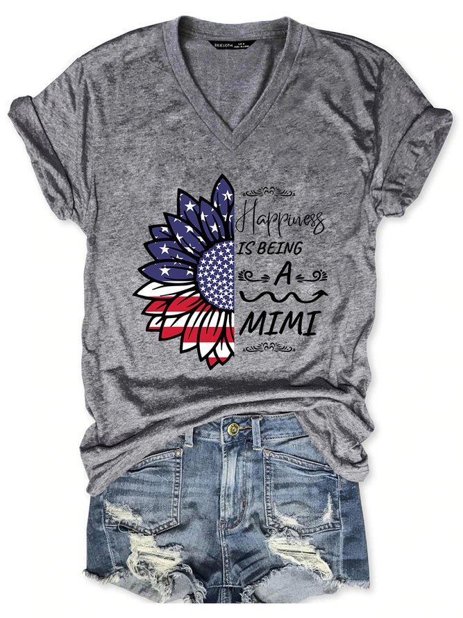 American Flag Sunflower Happiness Is Being A Mimi Casual Letter Cotton Blends T-Shirt