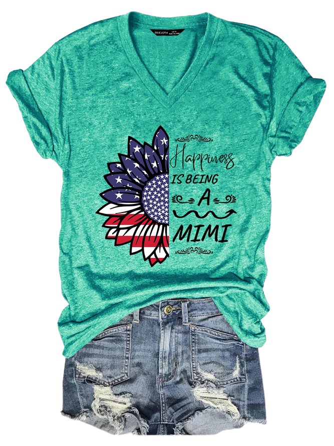 American Flag Sunflower Happiness Is Being A Mimi Casual Letter Cotton Blends T-Shirt