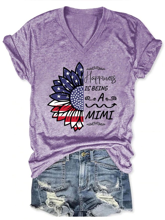 American Flag Sunflower Happiness Is Being A Mimi Casual Letter Cotton Blends T-Shirt