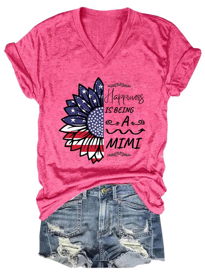 American Flag Sunflower Happiness Is Being A Mimi Casual Letter Cotton Blends T-Shirt