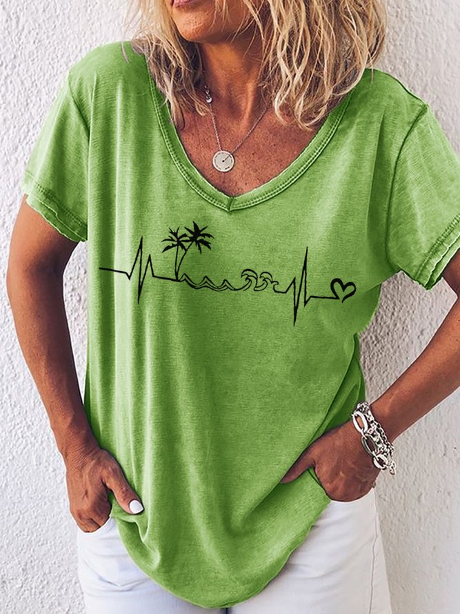 Womens Beach Heartbeat Summer Sleeveless Vacation Holiday V Neck Casual T-Shirt