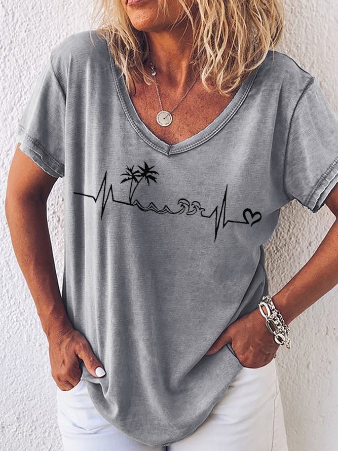Womens Beach Heartbeat Summer Sleeveless Vacation Holiday V Neck Casual T-Shirt