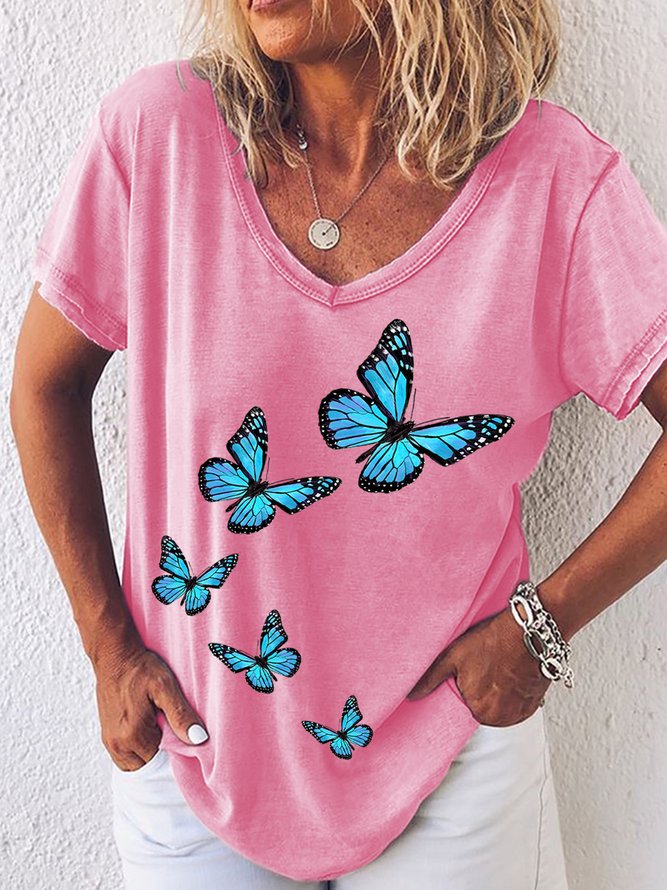 Womens Fancy Butterfly Print V Neck Casual T-Shirt