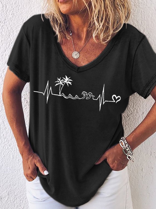 Womens Beach Heartbeat Summer Sleeveless Vacation Holiday V Neck Casual T-Shirt