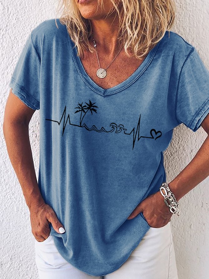 Womens Beach Heartbeat Summer Sleeveless Vacation Holiday V Neck Casual T-Shirt