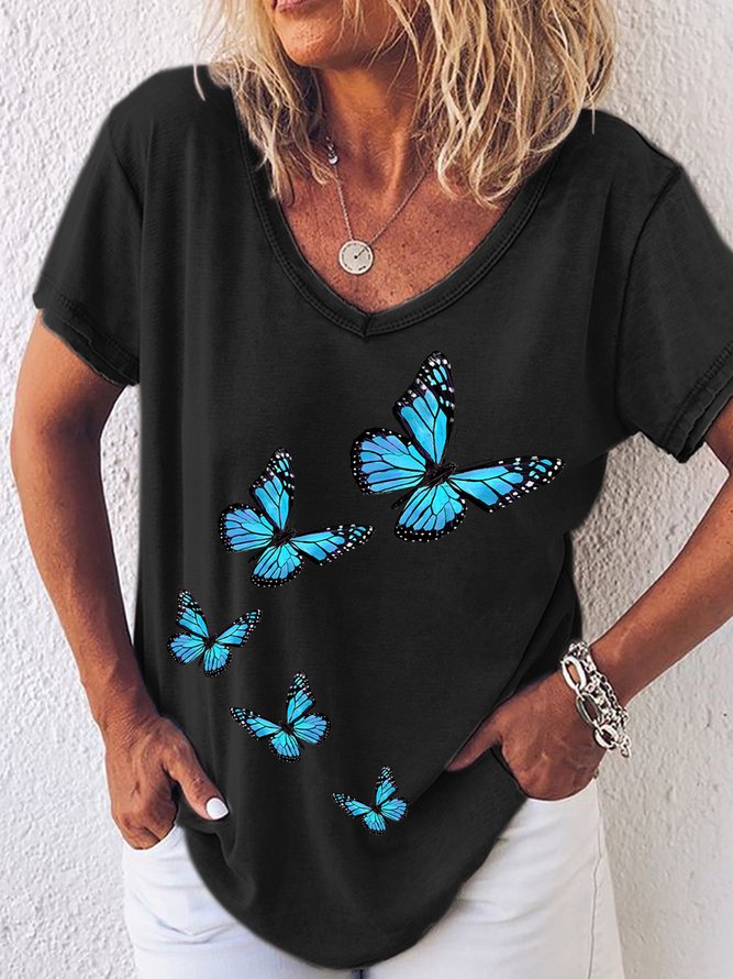 Womens Fancy Butterfly Print V Neck Casual T-Shirt
