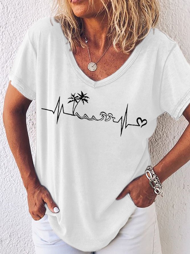 Womens Beach Heartbeat Summer Sleeveless Vacation Holiday V Neck Casual T-Shirt