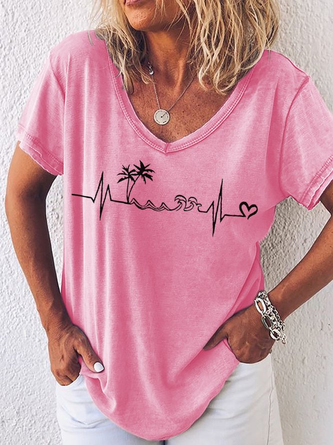 Womens Beach Heartbeat Summer Sleeveless Vacation Holiday V Neck Casual T-Shirt