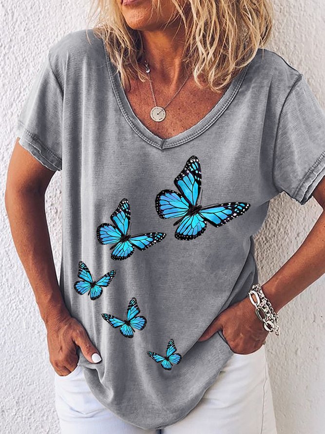 Womens Fancy Butterfly Print V Neck Casual T-Shirt