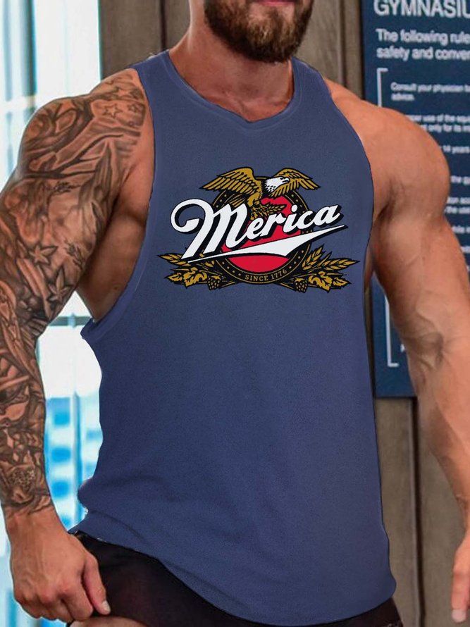 Men Sea Eagles Printing Loose Crew Neck Basics Tank Top