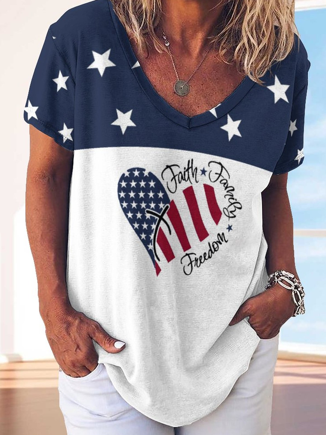 Women Star Faith FreedomLoose Simple America Flag T-Shirt