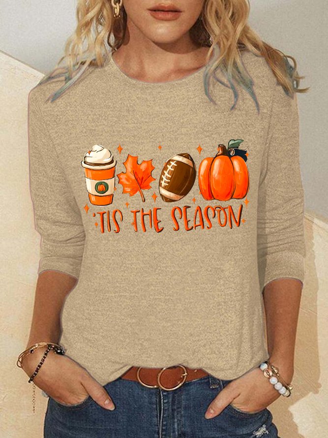 Women Funny It's The Season Pumpkin Halloween Simple Crew Neck Long sleeve Top