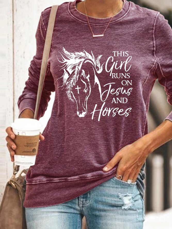 Women’s Christian This Girl Runs On Jesus And Horses Regular Fit Crew Neck Sweatshirt